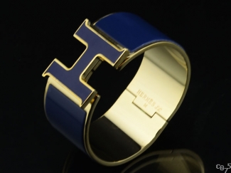 Hermes Blue Enamel Clic H Bracelet Narrow Width (33mm) In Gold